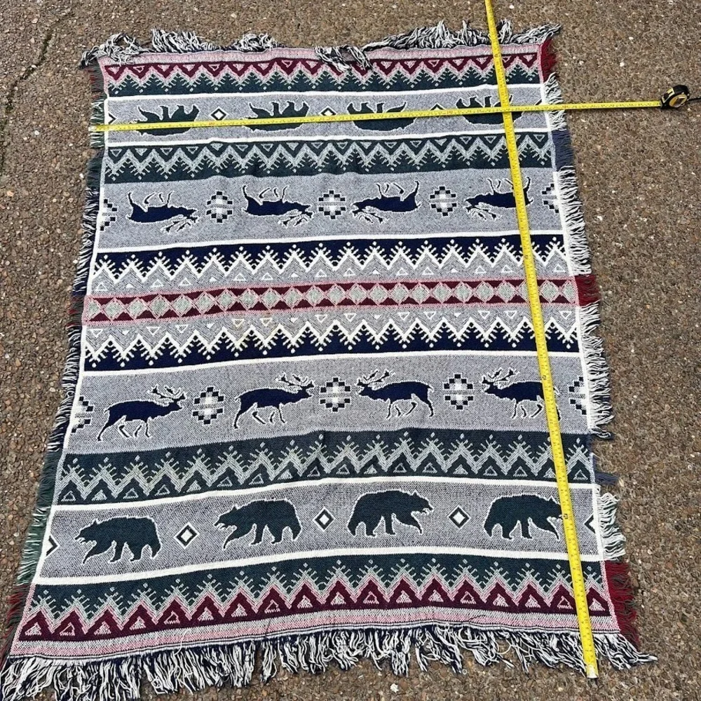 Vintage‎ Geometric Animal Woven Fringe Tapestry Blanket Cabin Lodge